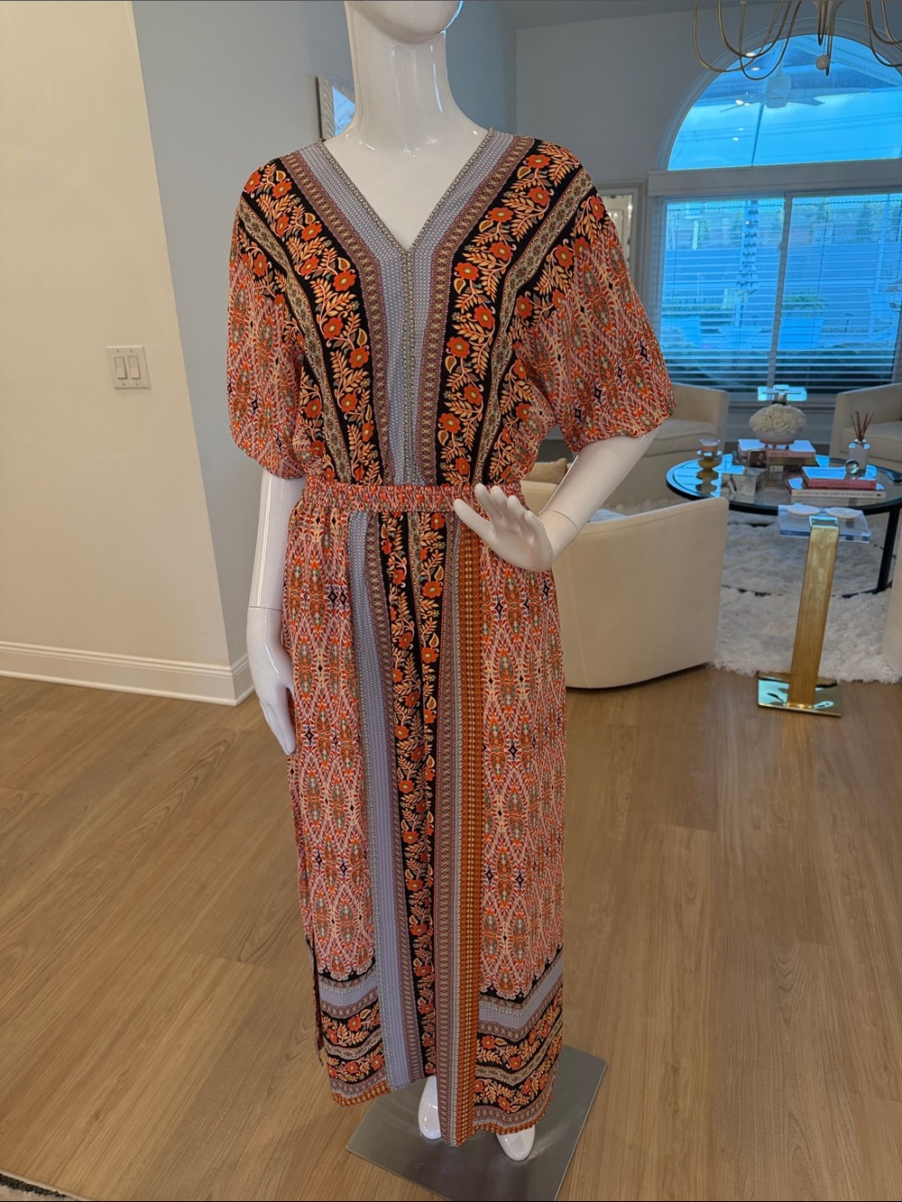 Orange Printed V-Neck Maxi Dress